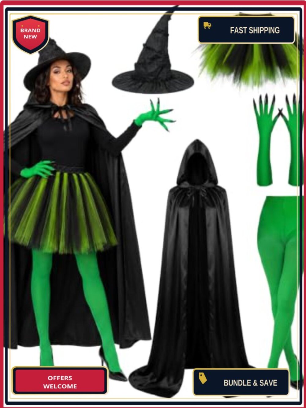 Witch Costume Set Hooded Cape Hat Gloves Tights Tulle Skirt Women